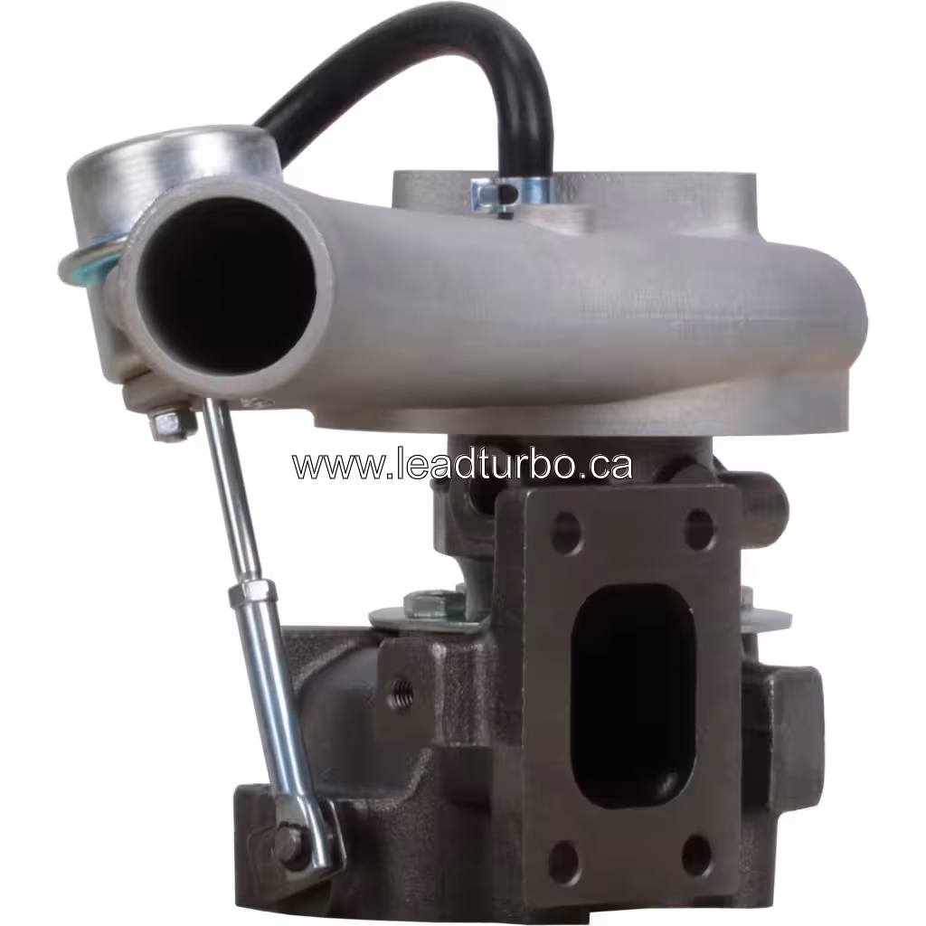 452047-0002 TB2557 turbocharger front view with integrated exhaust manifold