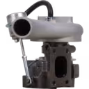 452047-0002 TB2557 turbocharger front view with integrated exhaust manifold