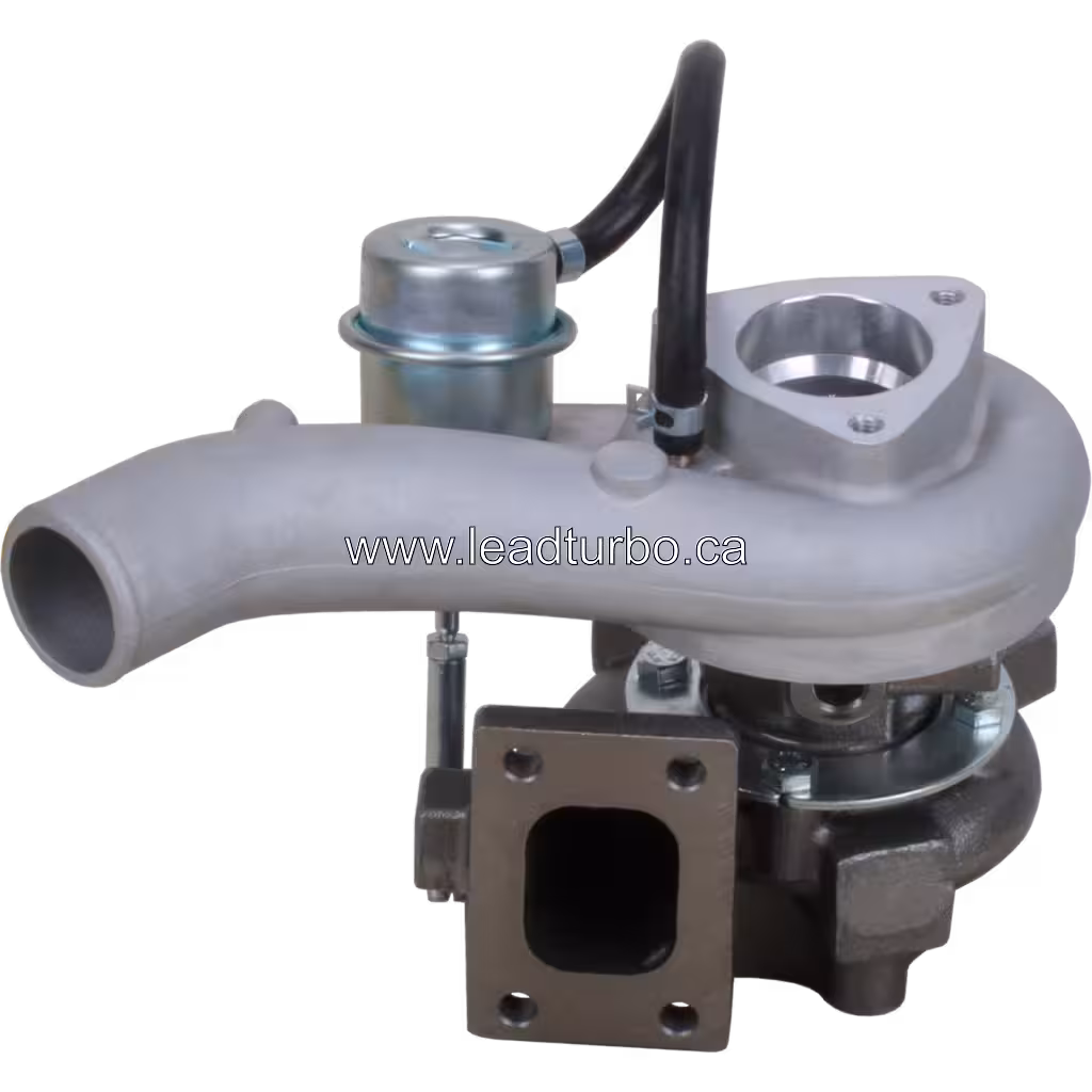 TB2557 turbocharger top view showing V-band flange and actuator housing