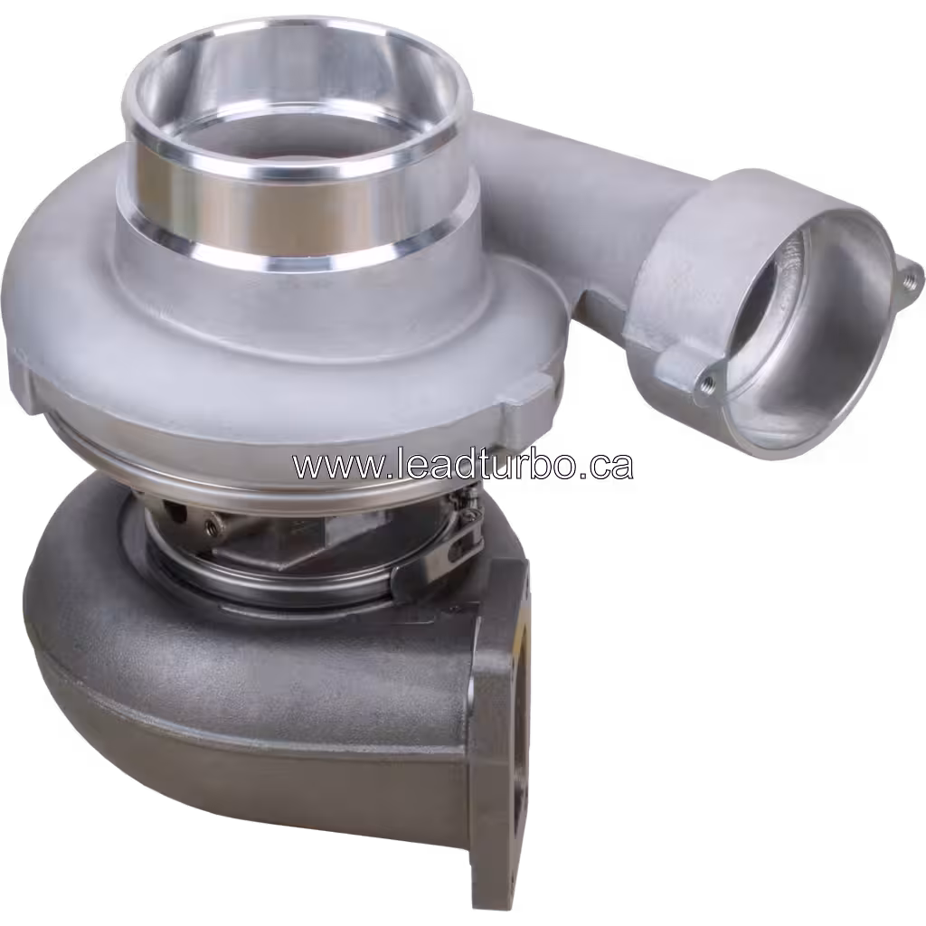45-degree top view of CAT earth moving turbocharger with visible actuator related hardware