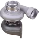 45-degree top view of CAT earth moving turbocharger with visible actuator related hardware