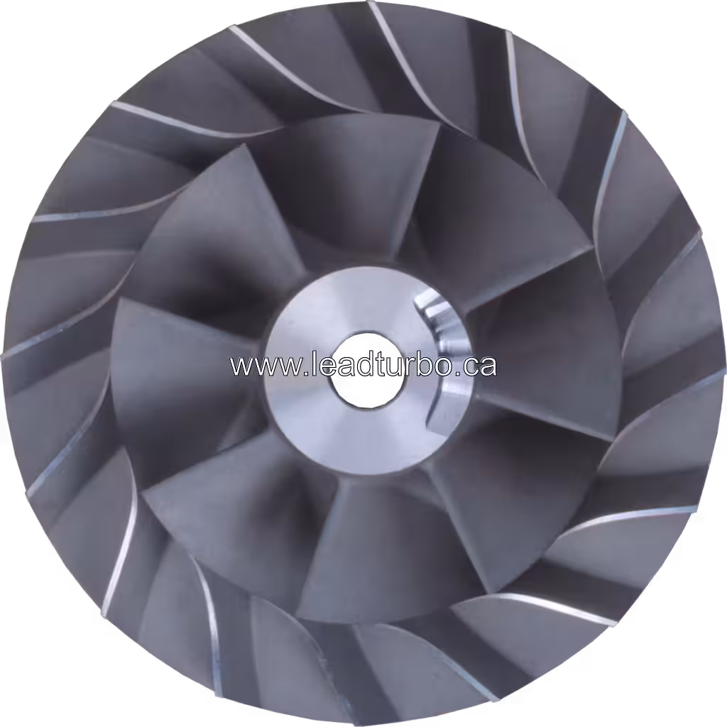 Mitsubishi turbo compressor wheel 45-degree view showing metallic finish and radial symmetry