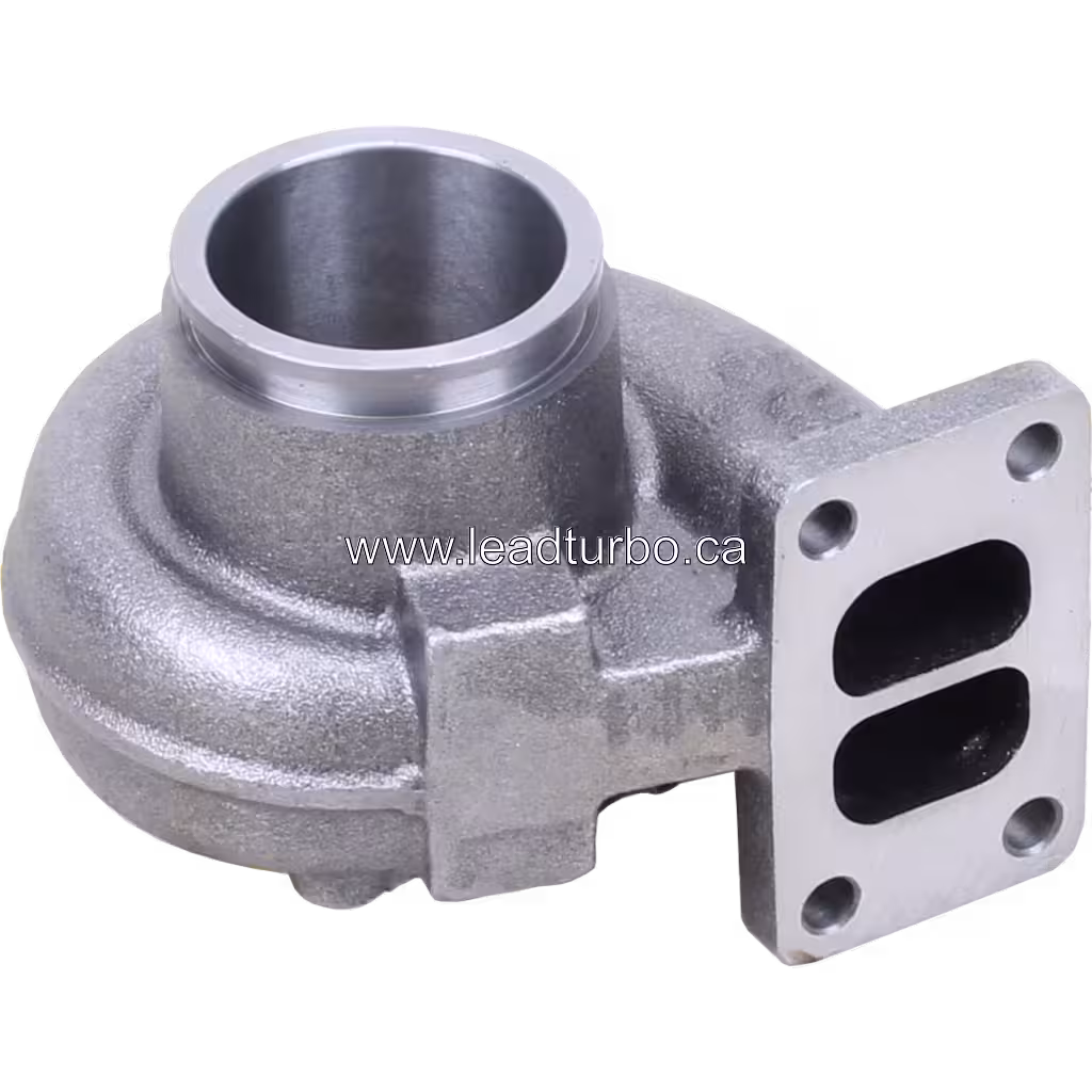 Vue de dessus de la turbine housing Cummins avec ports ovales et trous filetés
