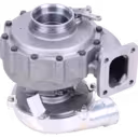 Vue basse du turbocompresseur VI75-2 montrant l'arbre interne et les étiquettes de protection
