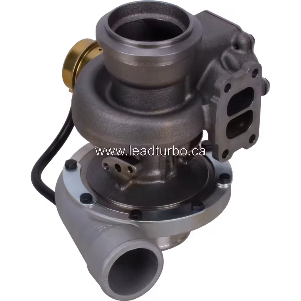 0R7569 S300G turbocharger bottom view with brass actuator and pneumatic hose