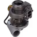 0R7569 S300G turbocharger bottom view with brass actuator and pneumatic hose