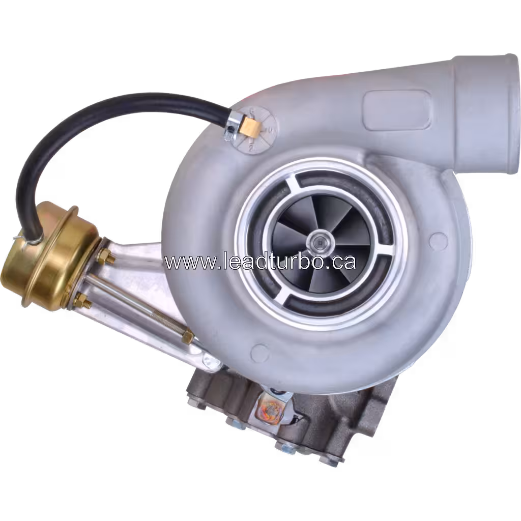 0R7569 S300G turbocharger front view with silver compressor housing and V-band inlet