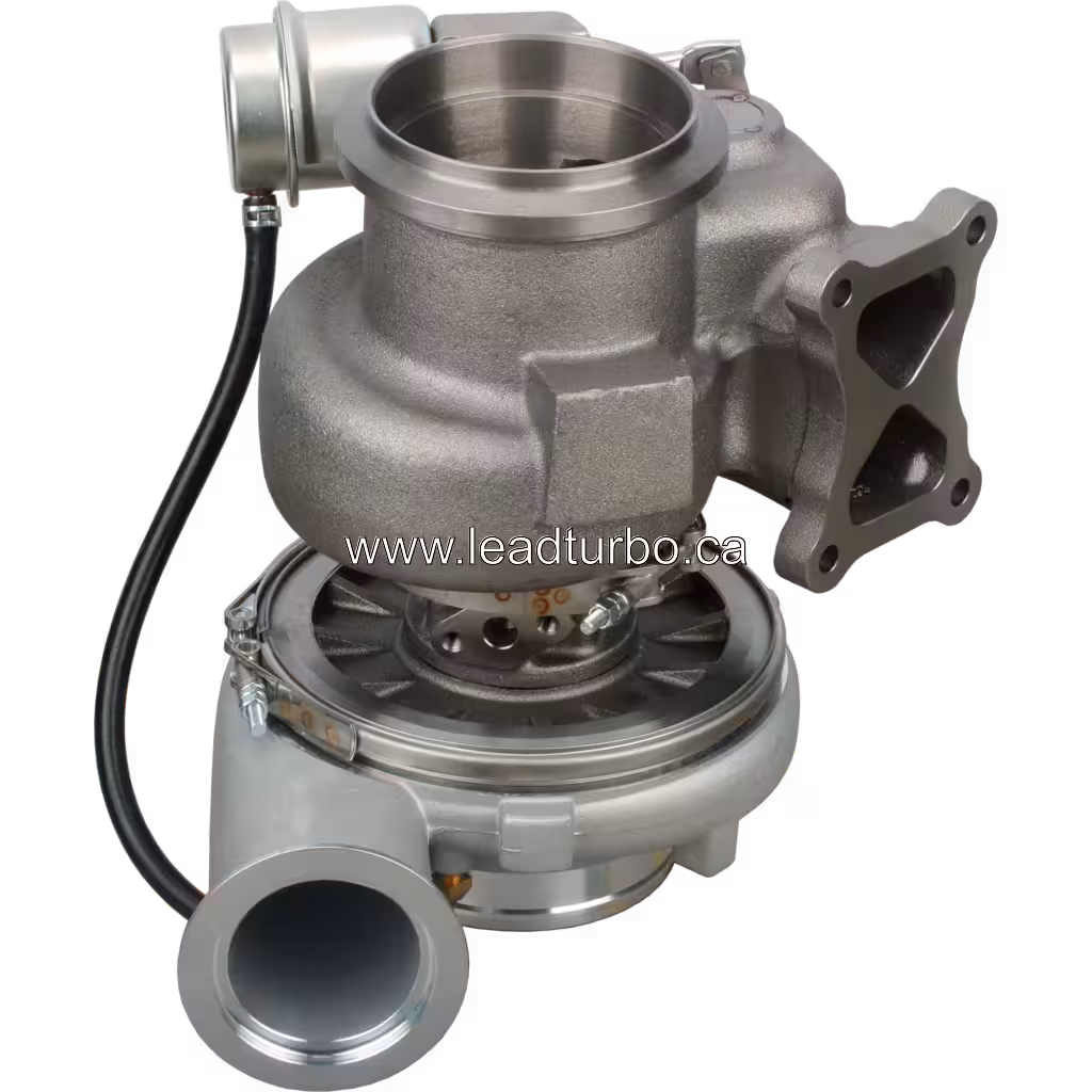 Bottom 45-degree view of 247-2956 turbocharger assembly with visible fasteners and cable fitting