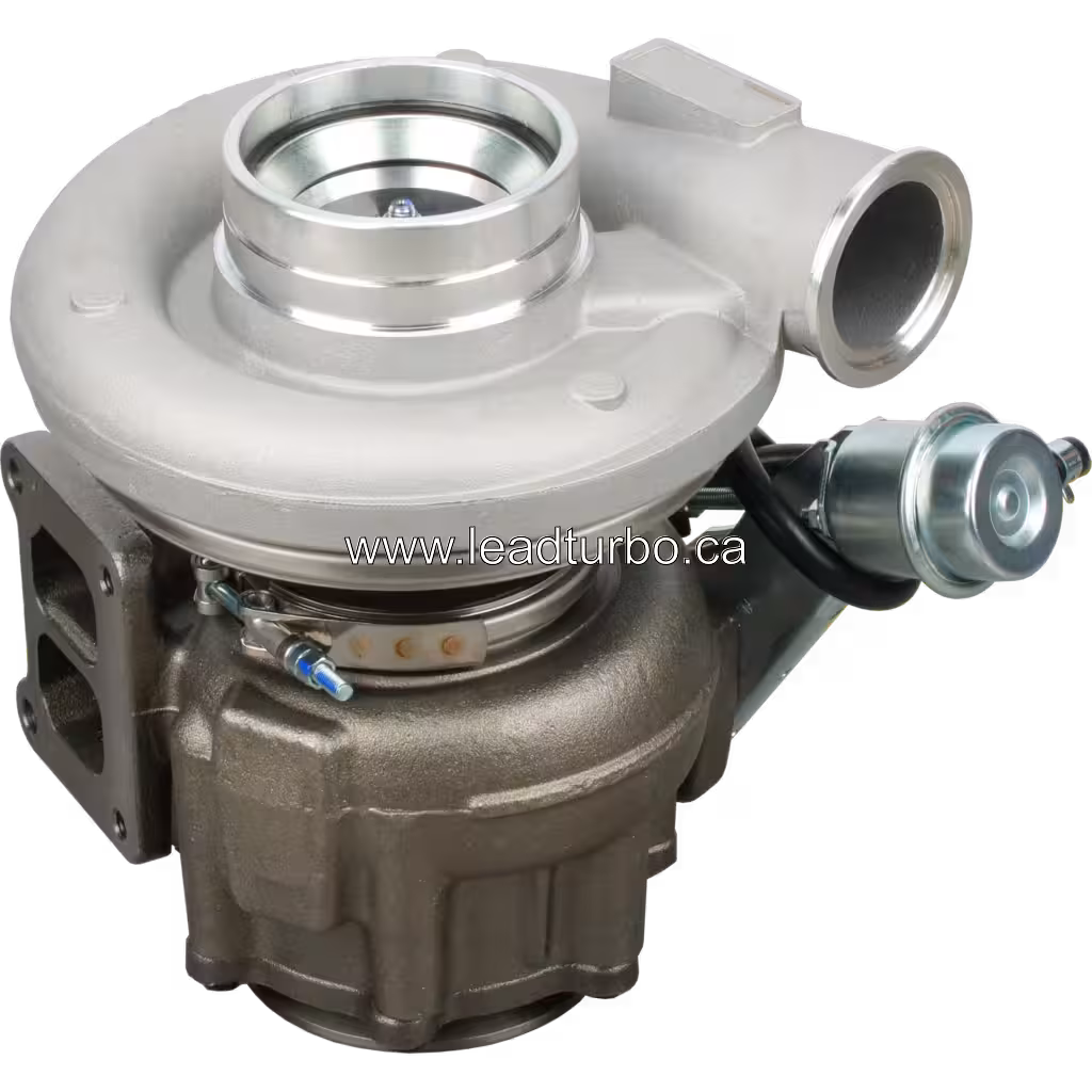HX52W turbocharger top view showing VNT actuator and turbine housing