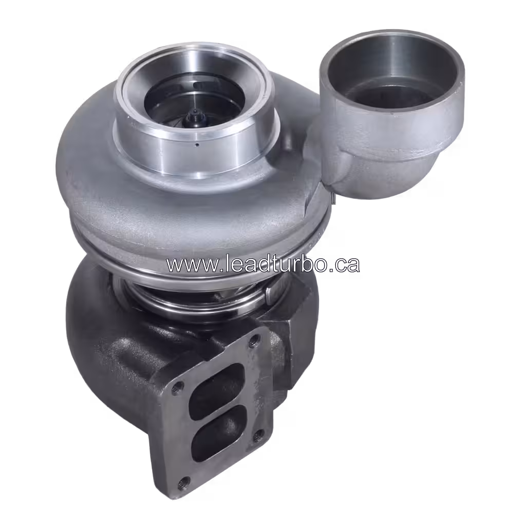 318294 turbocharger top view with two-port exhaust flange on dark grey turbine housing