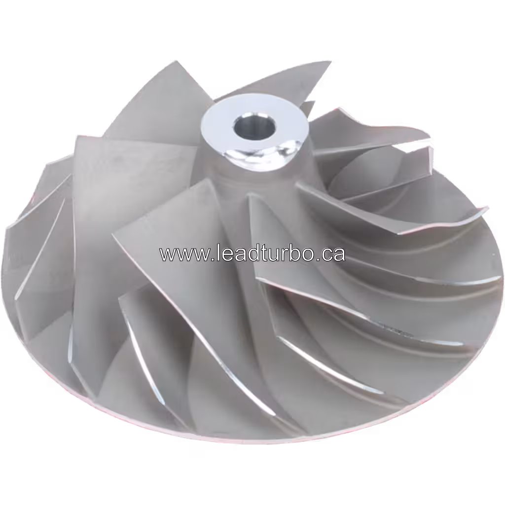 45-degree top view of Cummins M11 compressor wheel showing hub