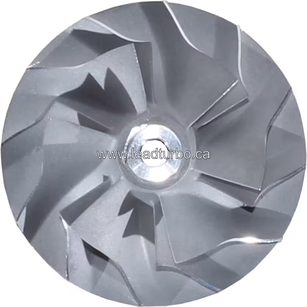 434244-0002 compressor wheel 45-degree view highlighting hexagonal central hub and keyway slot