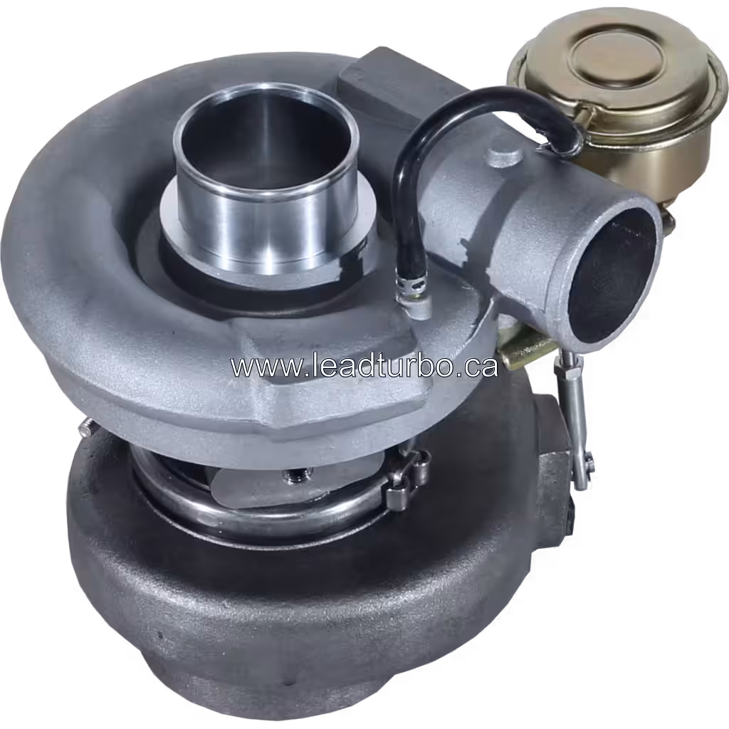 Top 45-degree view of Mitsubishi 6D14T turbocharger showing compressor inlet and turbine housing