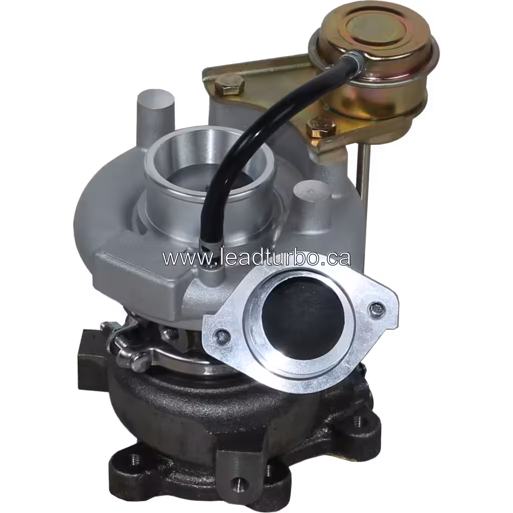 49389-02042 turbocharger front view with V-band coupling and gold actuator