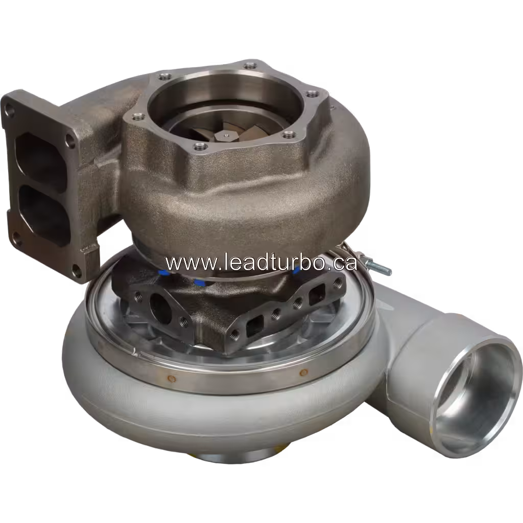 6505-55-5260 turbocharger bottom view with cast iron turbine housing and flange