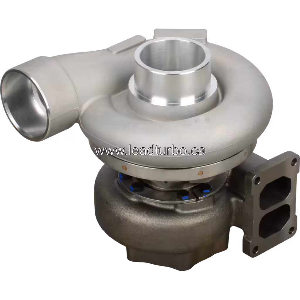 Komatsu SDA12V140E turbocharger top view showing T-shaped compressor outlet