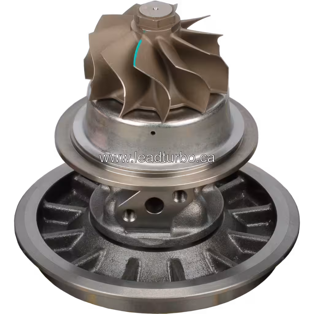 Metallic turbocharger core with visible compressor and turbine wheels
