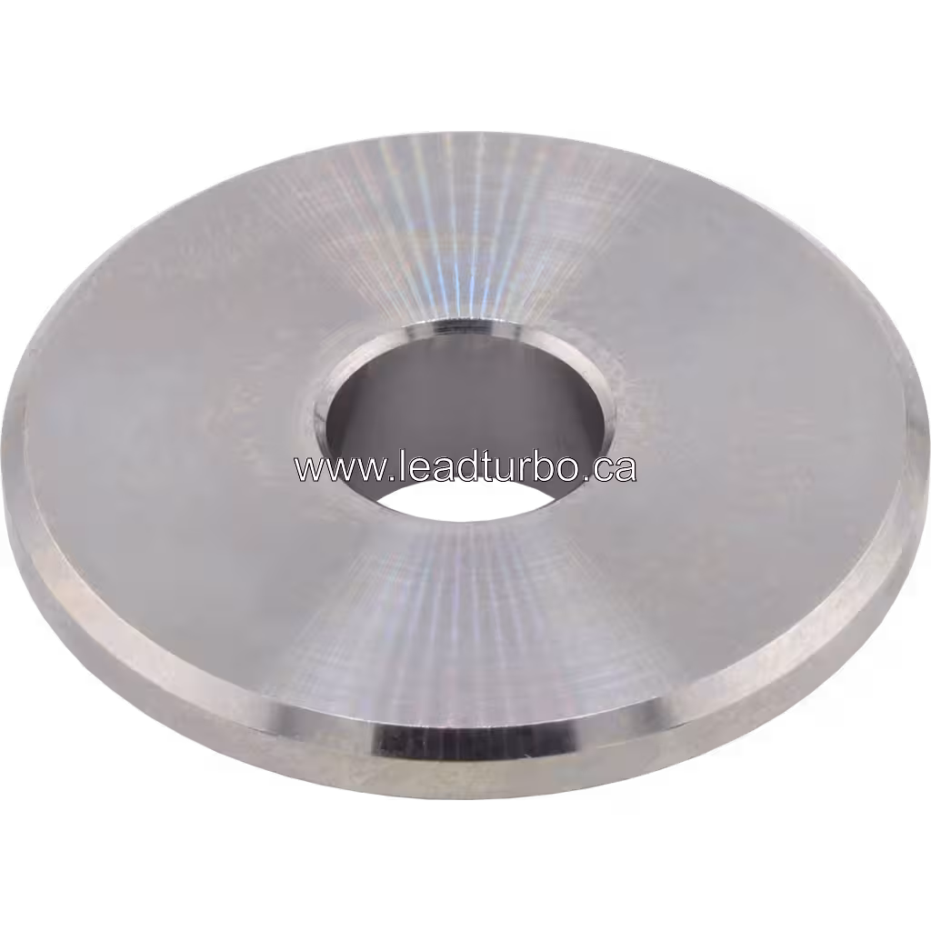 Bottom view of a machined metal ring with a wide flange for industrial turbo