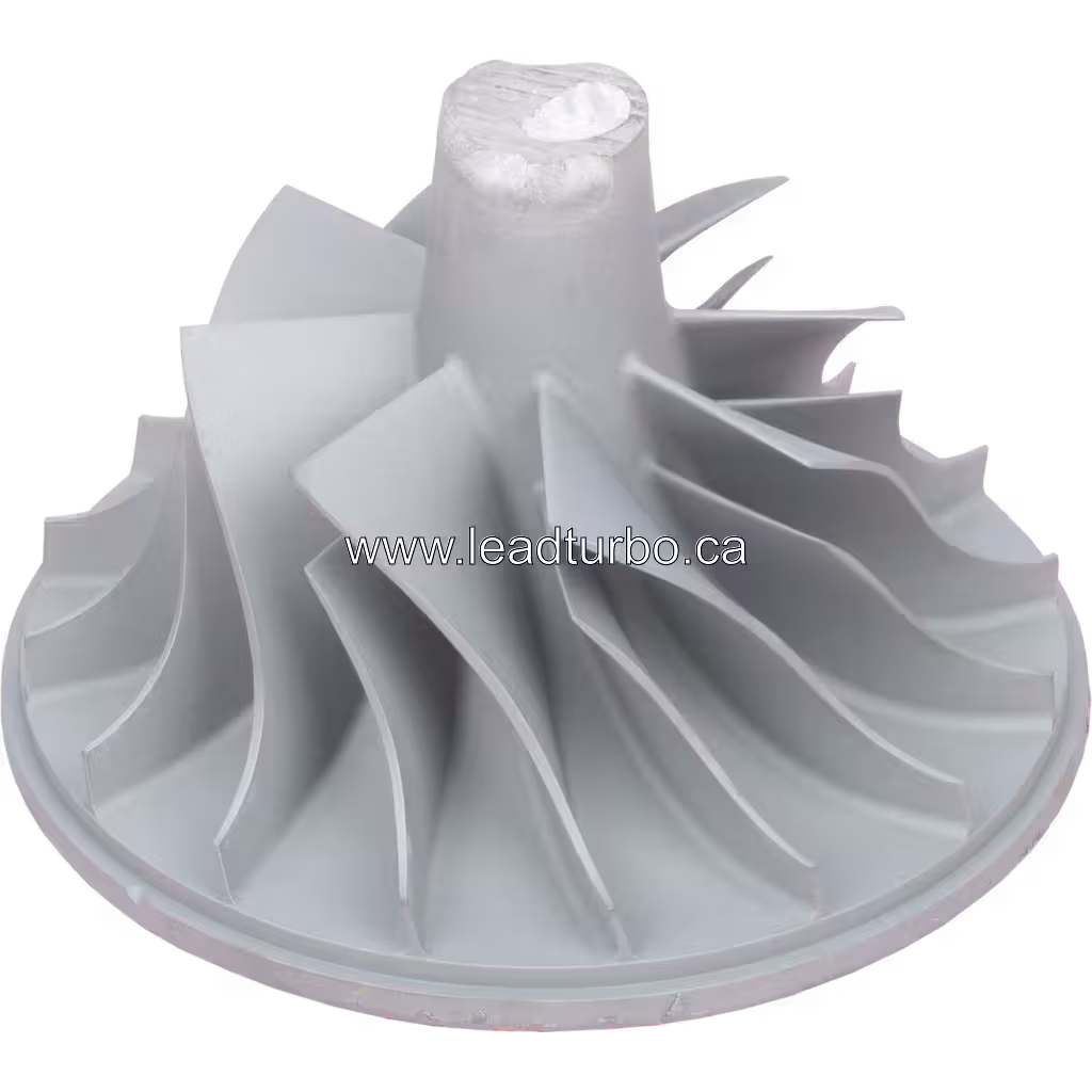 Side profile of KTR90-2 CCW compressor wheel showing central hub and blade curvature for J96 turbo application