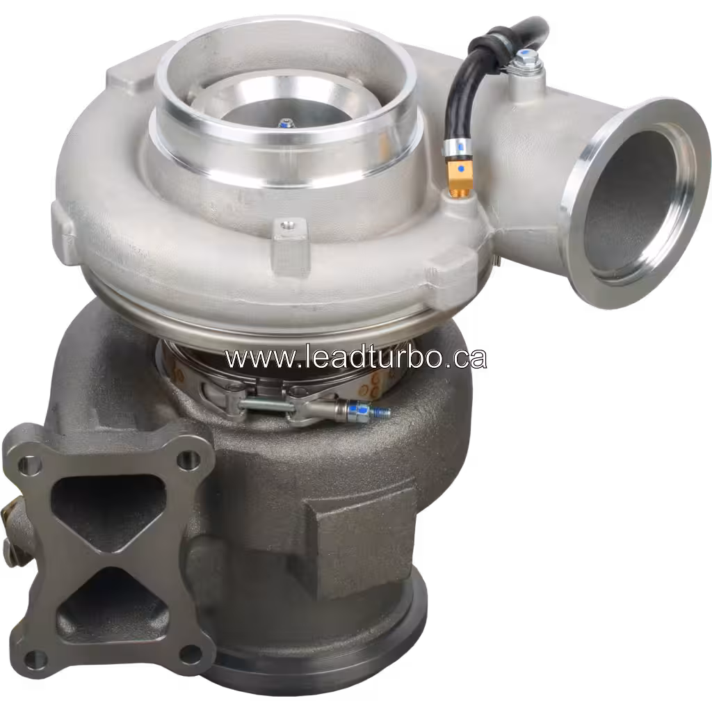 Vue avant et 45 degrés du turbocompresseur CAT C11 avec carter compresseur usiné