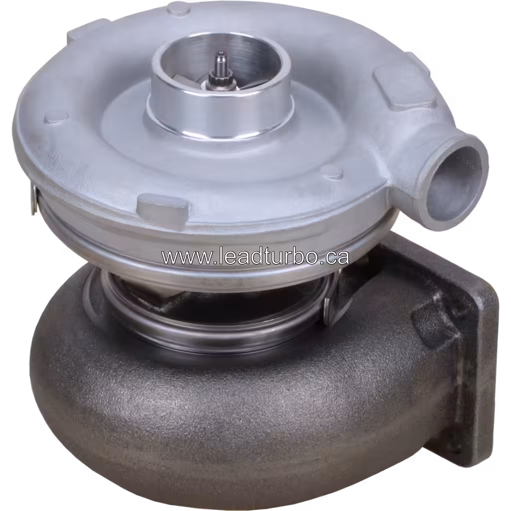 Top 45-degree view of 167384 turbocharger showing two-port turbine inlet flange and V-band clamps