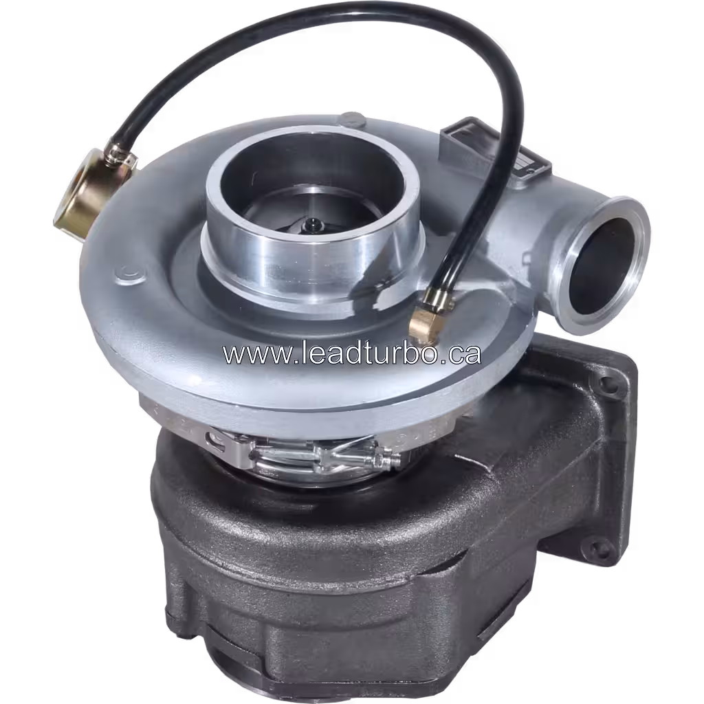 HX55W turbocharger top view showing pneumatic actuator and hose