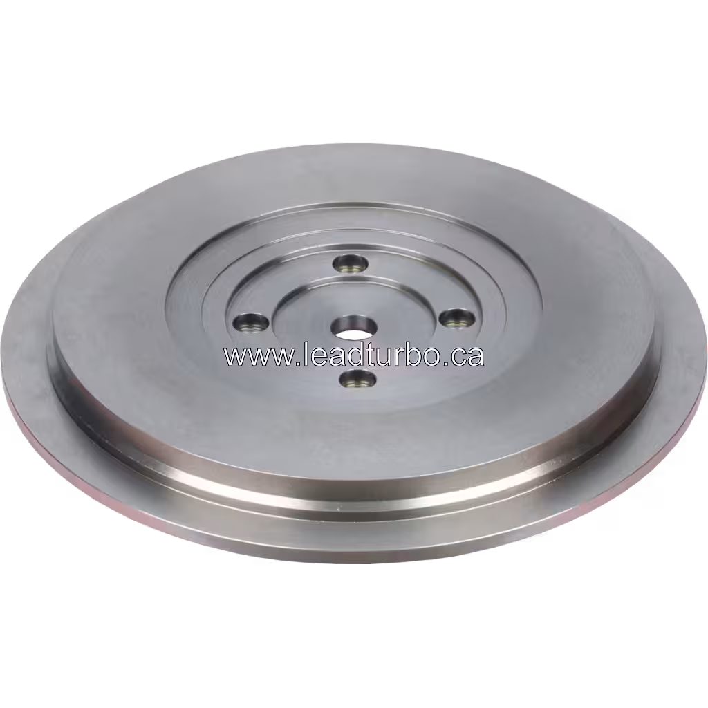 HX83 turbo back plate top angled view showing four-bolt hub