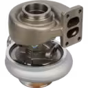 Bottom view of 4036158 turbocharger displaying turbine housing and mounting flange