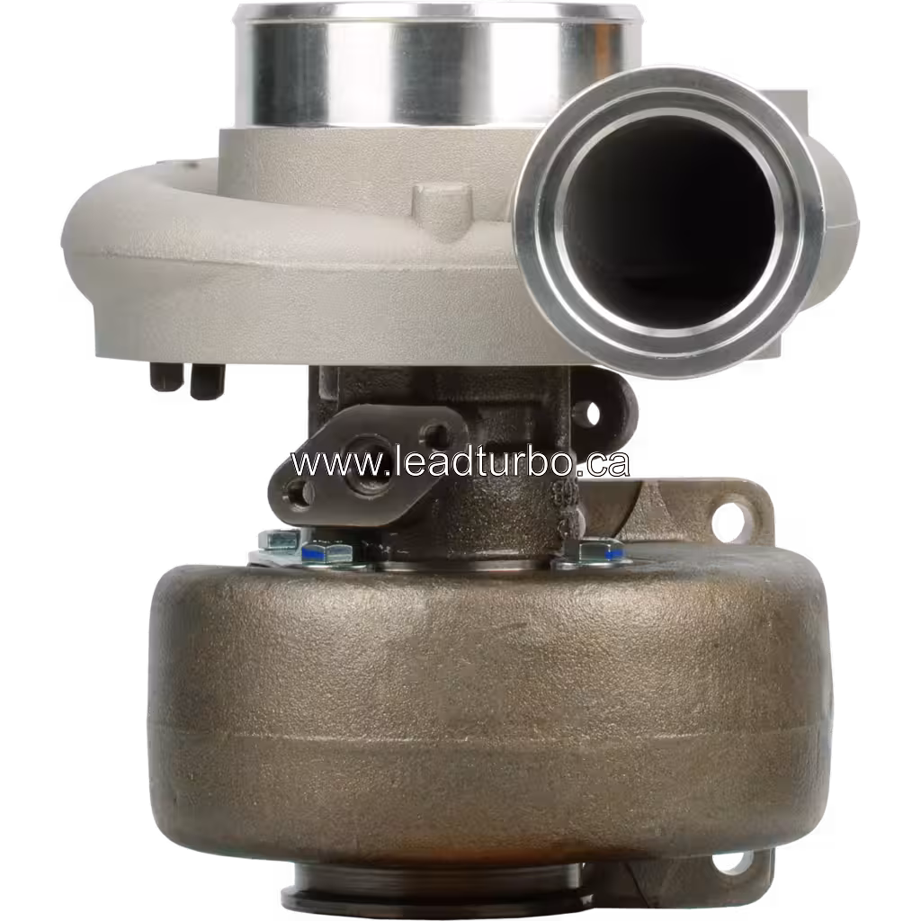 Front view of 4036158 HX35 turbocharger showing compressor inlet and turbine outlet