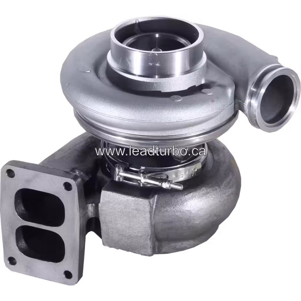 Exhaust side of S3B turbocharger showing rectangular flange and actuator bracket