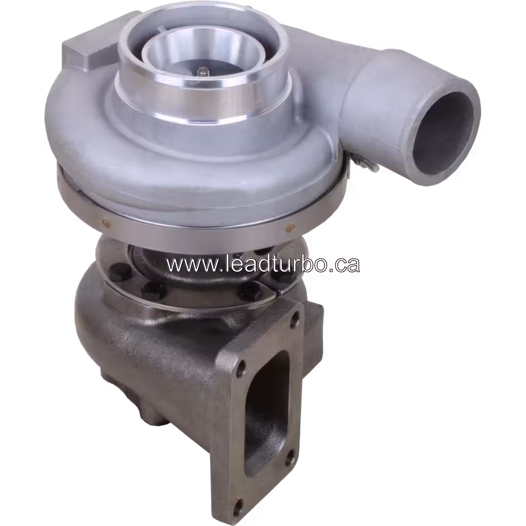 Top view of Komatsu SAA6D125E-5 turbocharger with turbine flange and compressor outlet