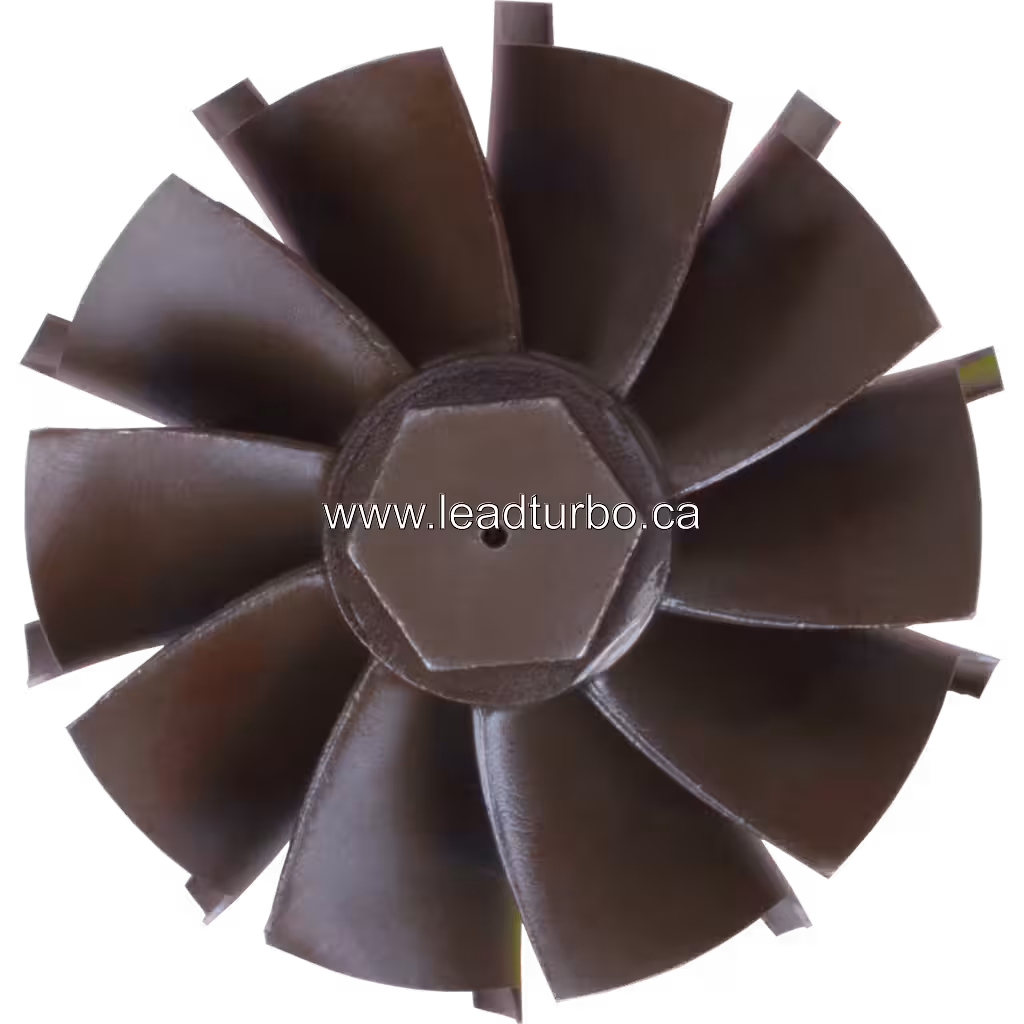 Profil latéral de la roulette de turbine J96 montrant l'arbre et les aubes courbées