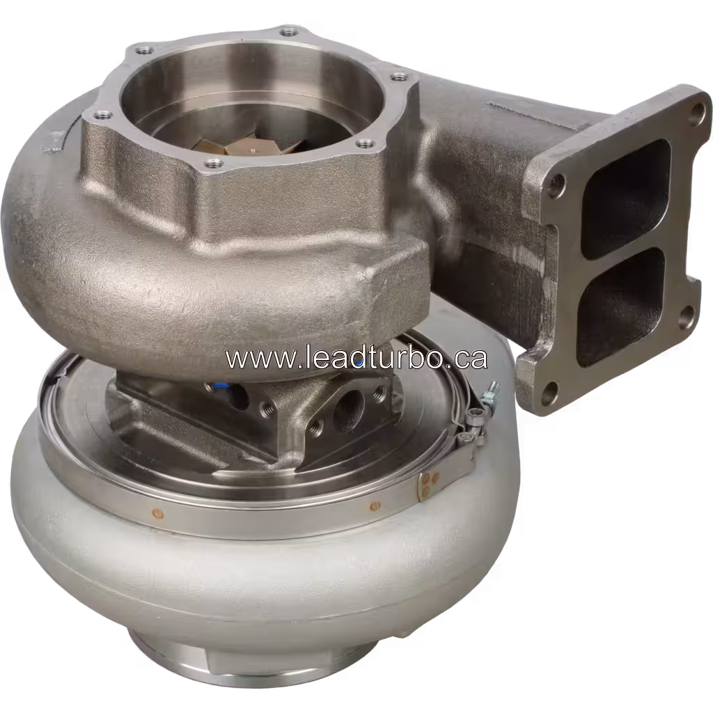 Turbocompresseur 6502-52-5020 vue de bas avec bride d'échappement et collier de serrage