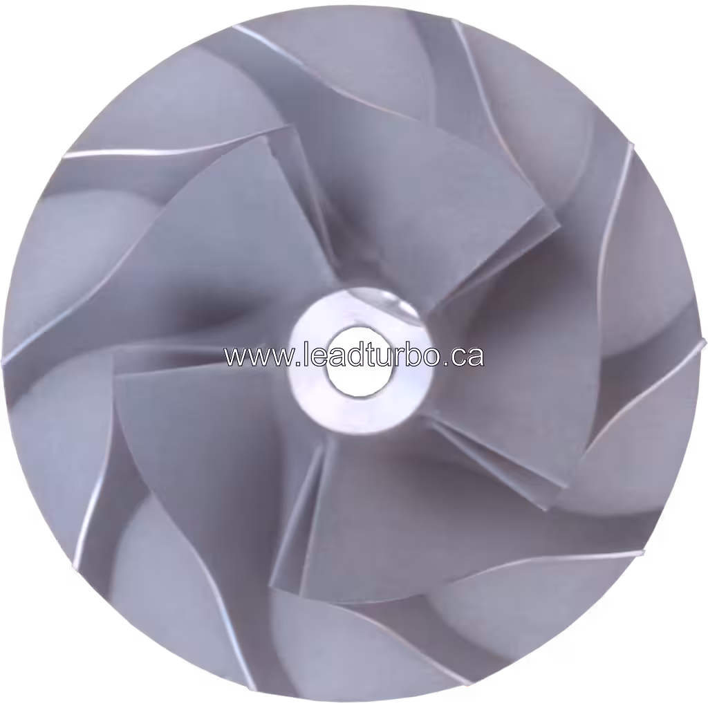 Silver metal compressor wheel with central hub and curved vanes