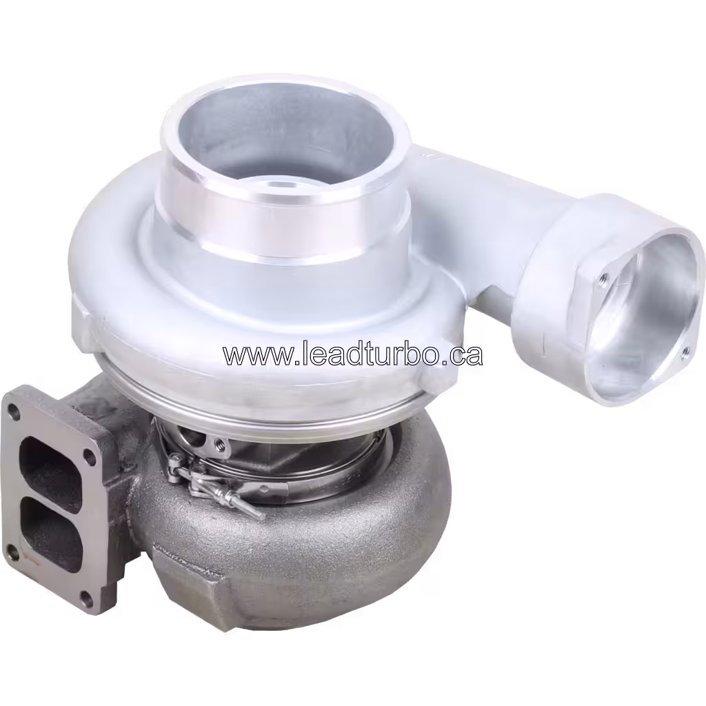 GTA5002B turbocharger top view showing pneumatic actuator and machined compressor housing