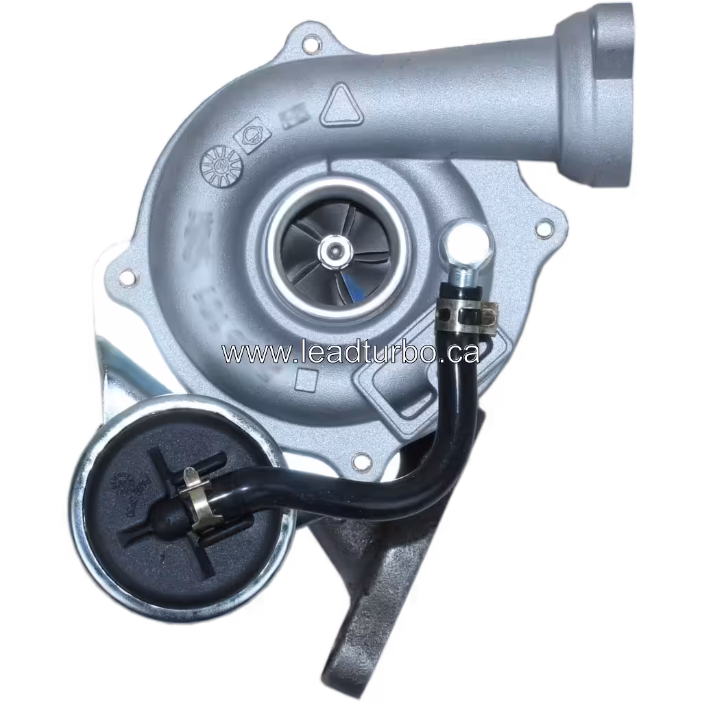 54359880009 turbocharger front view showing silver compressor housing and integrated actuator