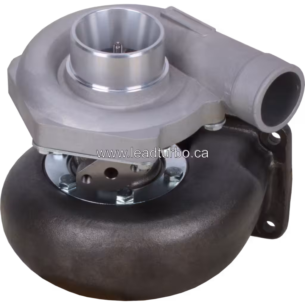 TO4B91 turbocharger top view showing silver compressor housing and side outlet