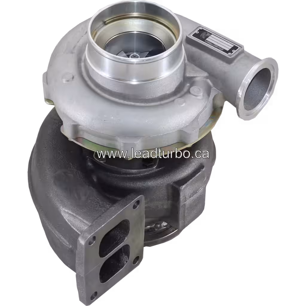 Cummins M11-290 turbocharger top view showing dark grey turbine housing
