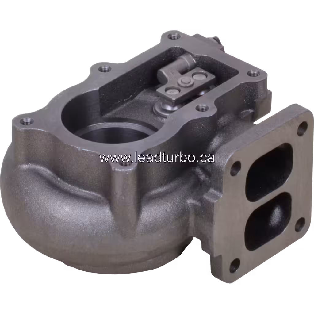 Cast metal turbine housing with actuator bracket and central bearing bore