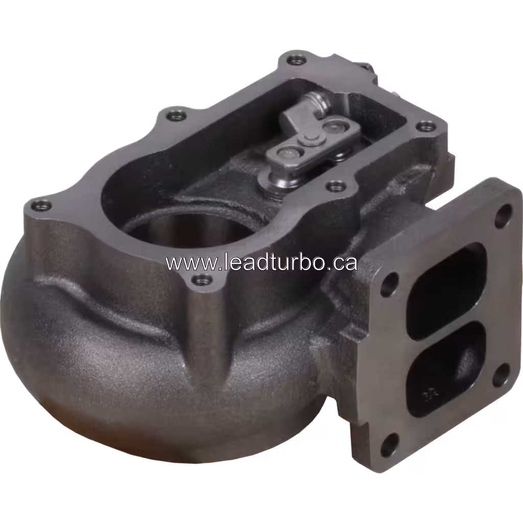 J96 turbocharger turbine housing top view showing internal butterfly valve