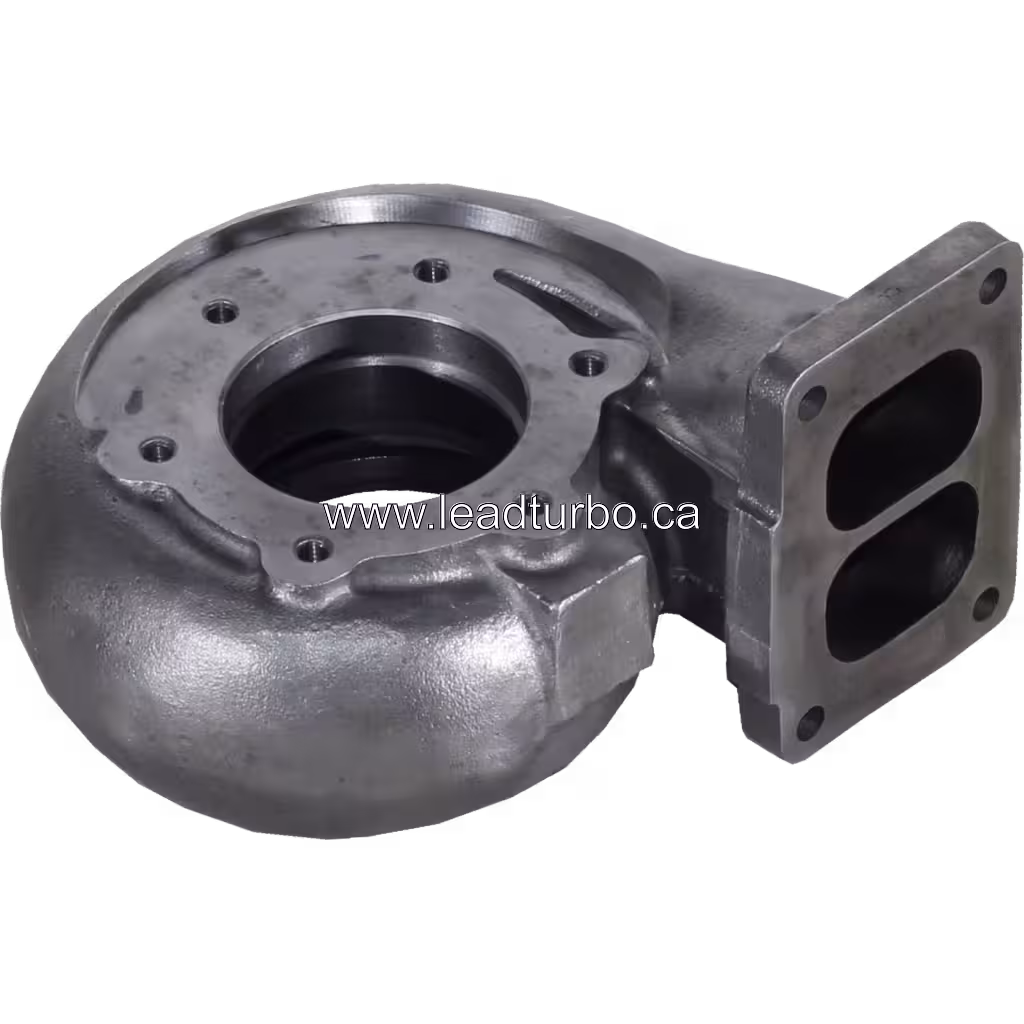 441065-0003 cast metal turbine housing top view showing rectangular flange