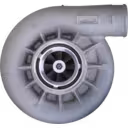 Front view of 5323959 HX82 turbocharger with silver volute housing
