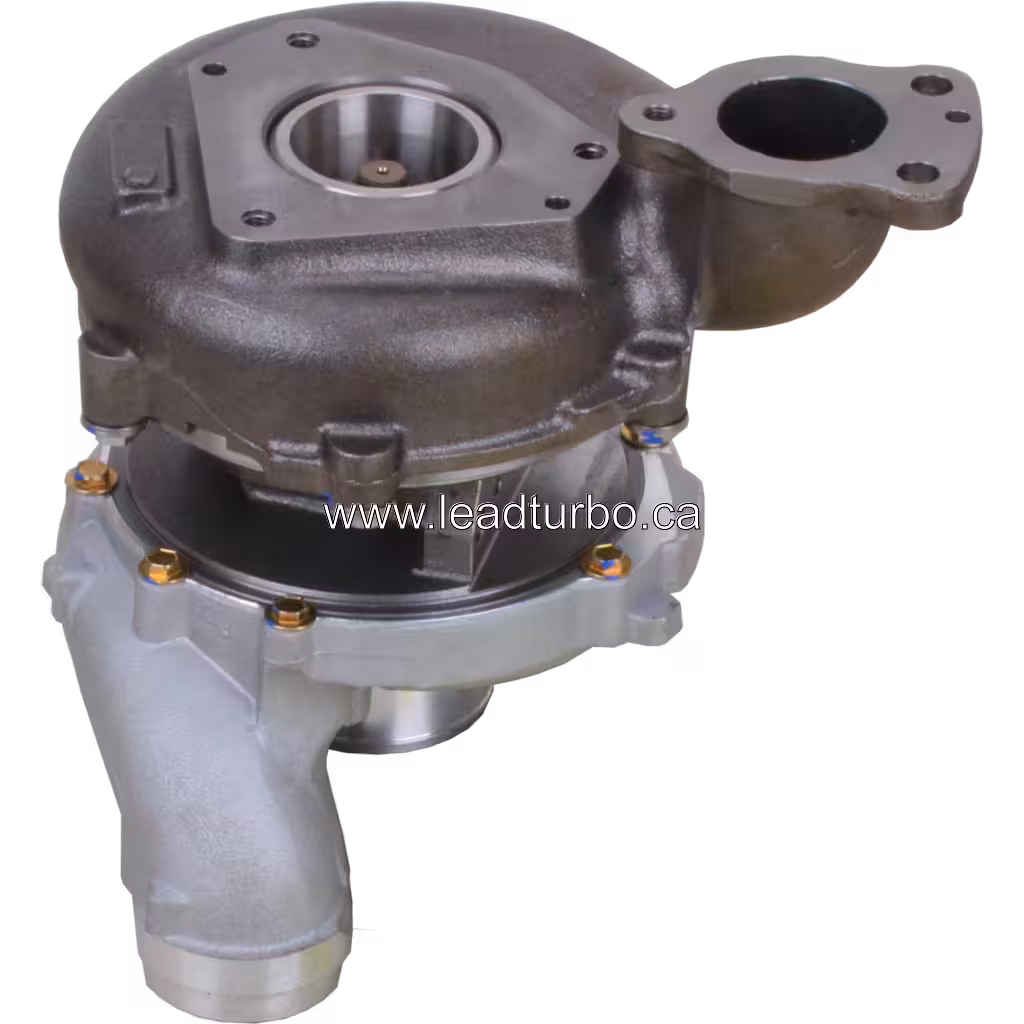 Bottom view of 6420900980 turbocharger showing turbine housing and flange