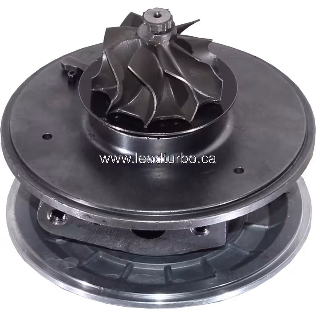 Bottom 45-degree view of Nissan Patrol turbo core with mounting flanges