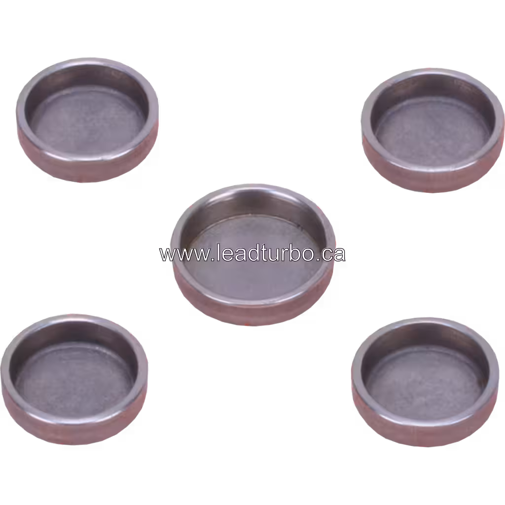 Set of five circular metal oil seal plates with copper-colored band