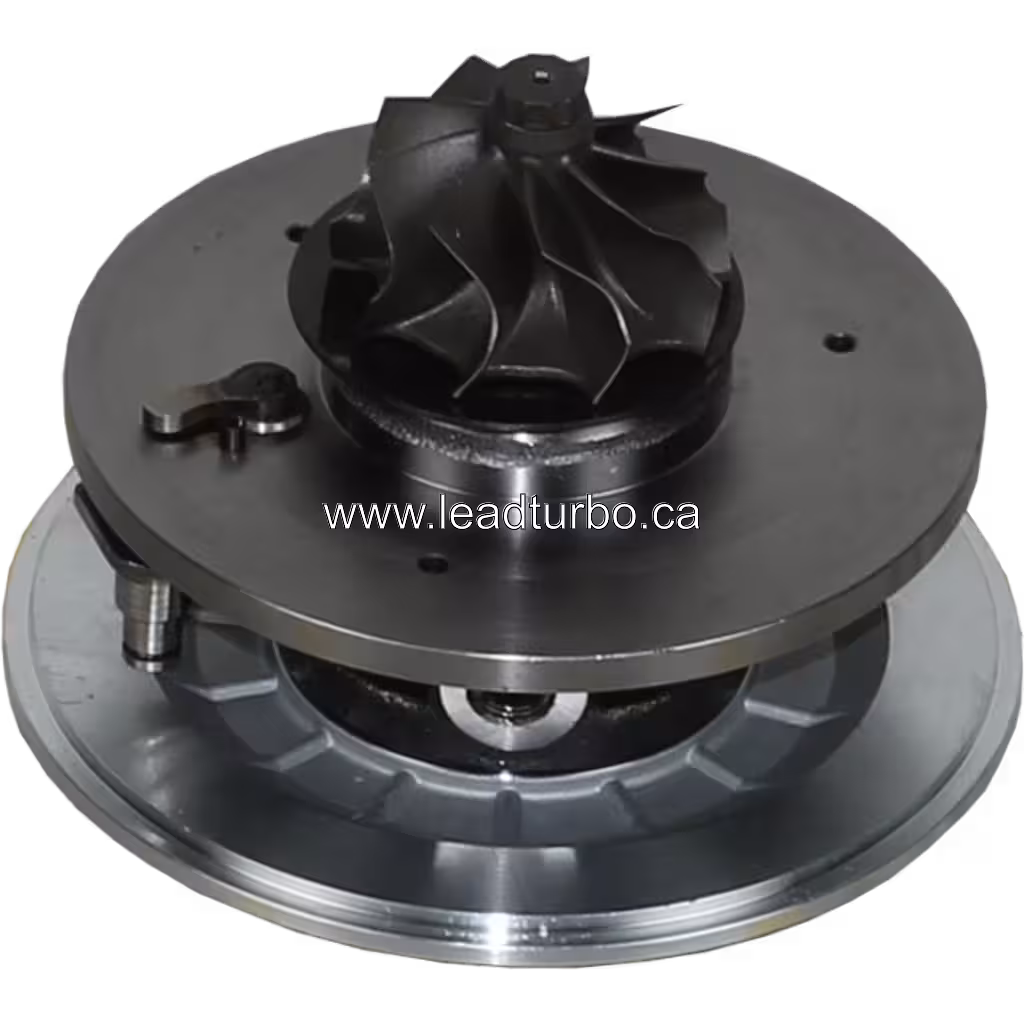 45-degree bottom view of 434766-0006 core showing black turbine housing and wheel
