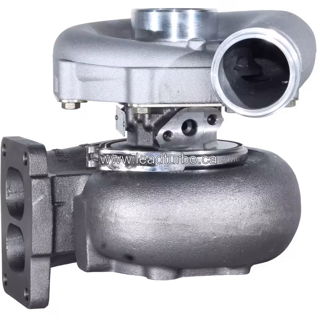 Turbocompresseur 466314-5011 TA4507 vue avant avec carter d'échappement twin-scroll