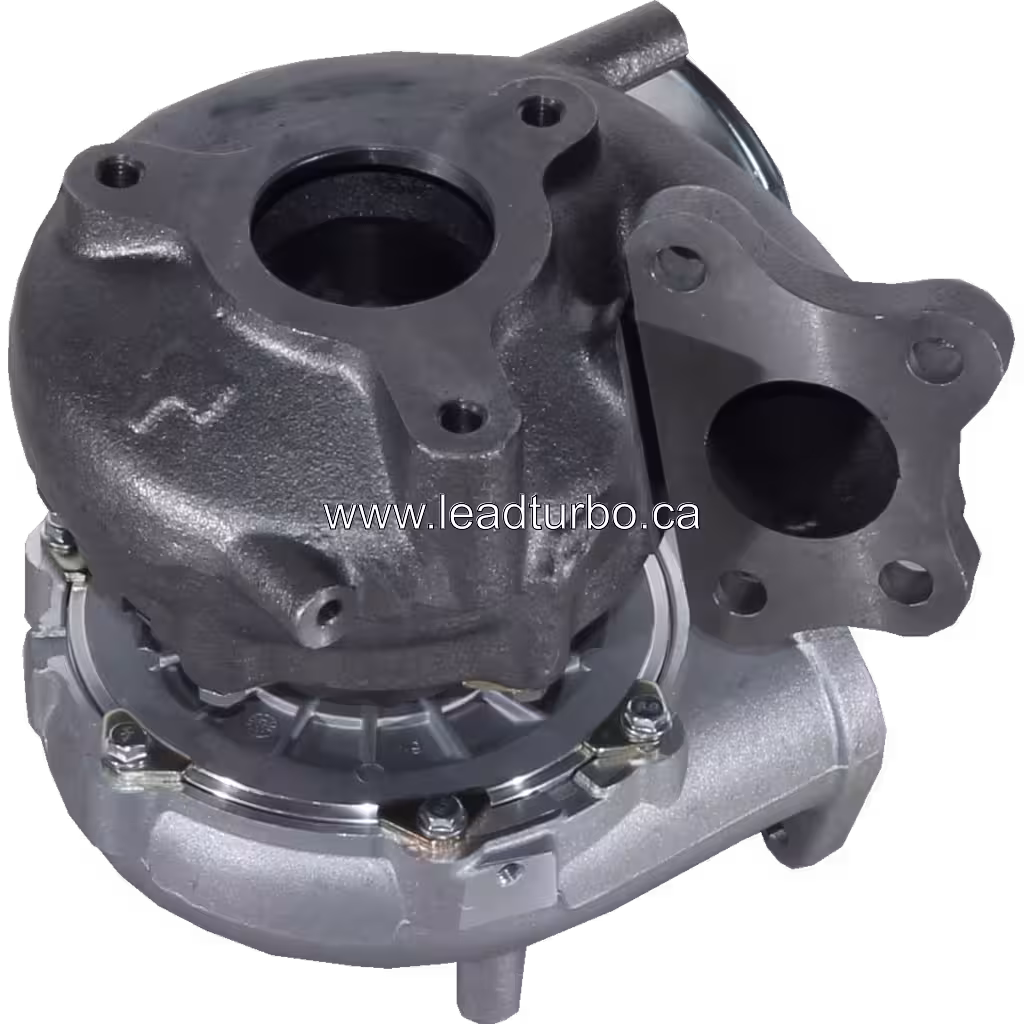 Bottom view of 14411EB300 turbocharger showing turbine housing and mounting details