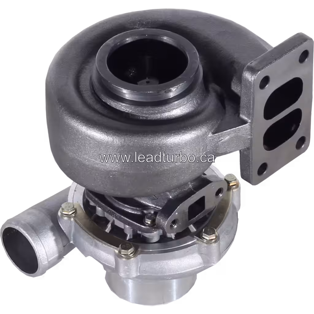 Bottom view of H1C turbocharger unit with central bearing housing and turbine outlet