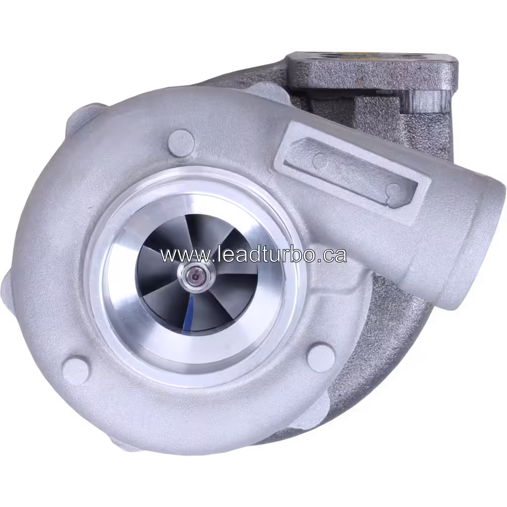 3802290 H1C Turbocharger front view with silver compressor housing and dark grey turbine housing